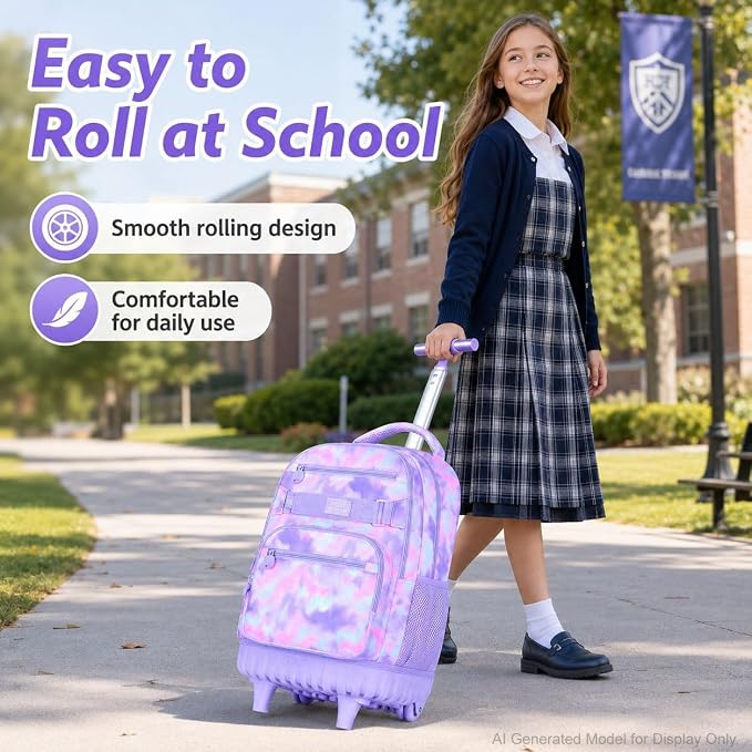 3Pcs Rolling Backpack for Girls, 19 Inche Women Roller Bag with Wheels for Adults, Wheeled Bookbag with Lunch Box(Purple) - Image 2