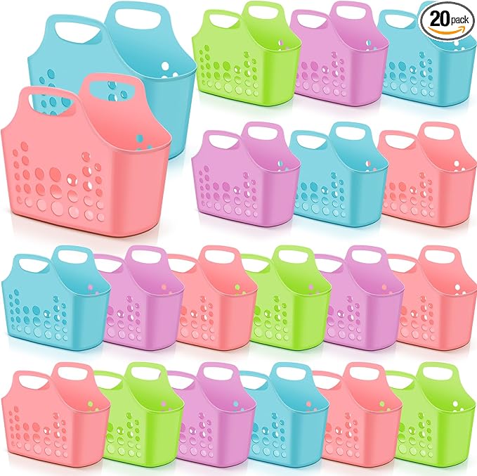 Nuogo 20 Pack Plastic Baskets with Handles Portable Shower Caddy Storage Baskets Assorted Multicolor Reusable Caddy tote Organizer Bin for Bathroom Dorm Communal Showers Kitchen, 10.6" x 6" x 10" by Nuogo