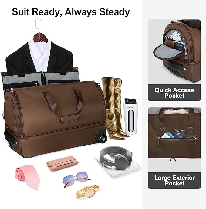 Modoker Convertible Rolling Garment Bag for Travel, Suit Travel Bag with Trolley, Garment Duffel Bag with Wheels & Shoes Compartment for Business Trip, Weekender - Brown - Image 2