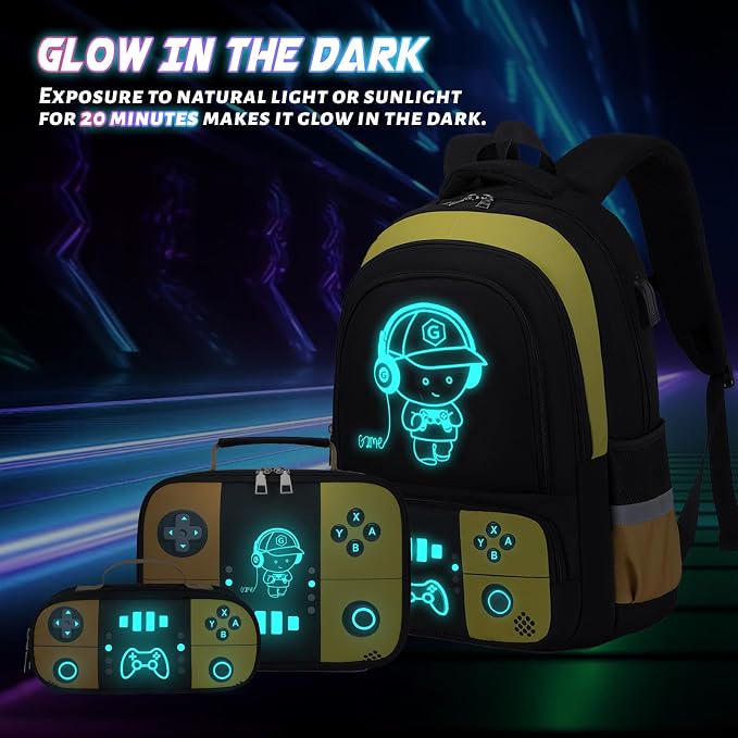 Bevalsa Backpack for School Boys, Cool Luminous Gamer Boys Schoolbag with Lunch Box & Pencil Case Set for Kids Teens Elementary Middle School, Bookbag Glow In The Dark(Orange Backpack) - Image 2