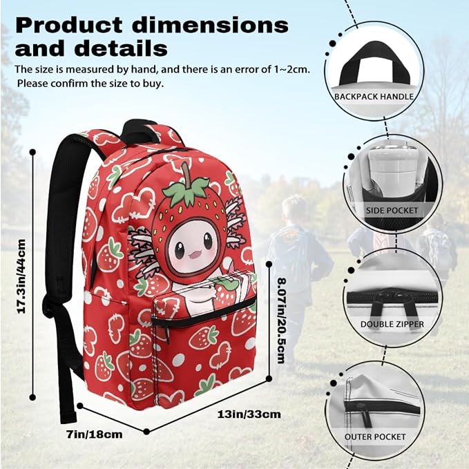 Axolotl Kids Backpack with Lunch Box for Girls Set of 4 School Bags for Girls 7-10 10-12 Strawberry Cute Elementary School Backpack for Travel Hiking Gym Small Daypack Purse - Image 3