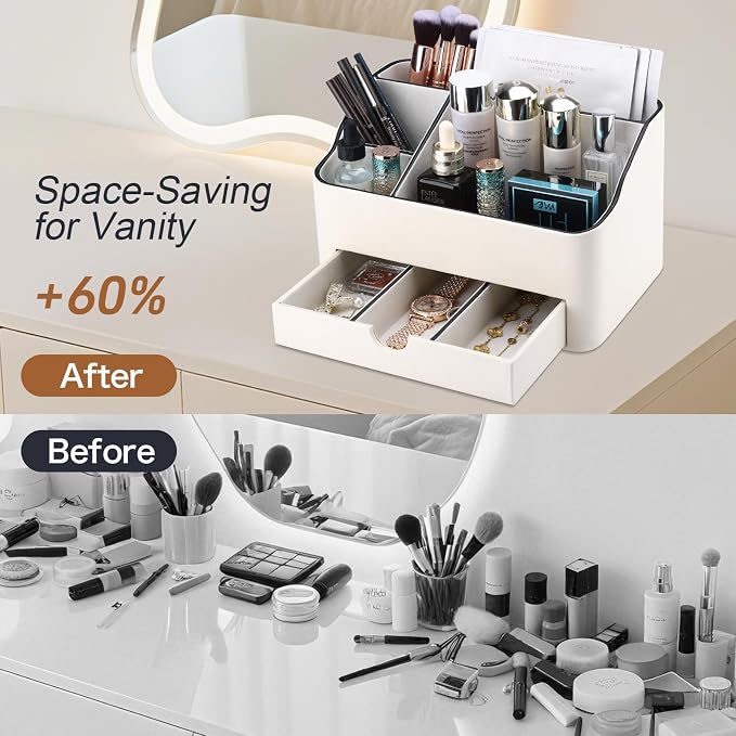 KINGFOM PU Leather Makeup Organizer with Drawer, Skincare Organizer for Vanity, Cosmetic Storage for Dresser Countertop, Beauty Holder for Lipstick Brush Skincare (Ivory White) - Image 8