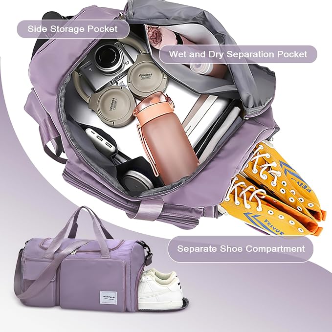 WOOMADA Foldable Travel Duffel Bag with Shoes Compartment, Overnight Bag with Wet Pocket & Trolley Sleeve, Weekender Bags for Women(A-pink leopard) - Image 5