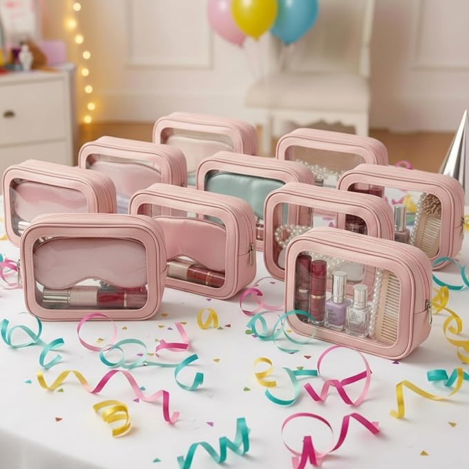 Abbylike 10 Pcs Clear Makeup Bags Bulk Tsa Approved Clear Toiletry Bags with Zipper PU Leather Waterproof Travel Makeup Organizer for Women Wedding Bridal DIY Gifts Bachelorette Party (Pink) - Image 5