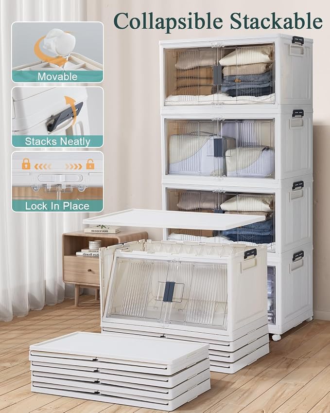 OlarHike 97QT Stackable Storage Bins with Lids - Folding Storage Box with Doors & Wheels, Collapsible Plastic Drawers for Closets and Organization, Garage, College, School, Shelves, Dorm, 5 Pack Cubes - Image 2