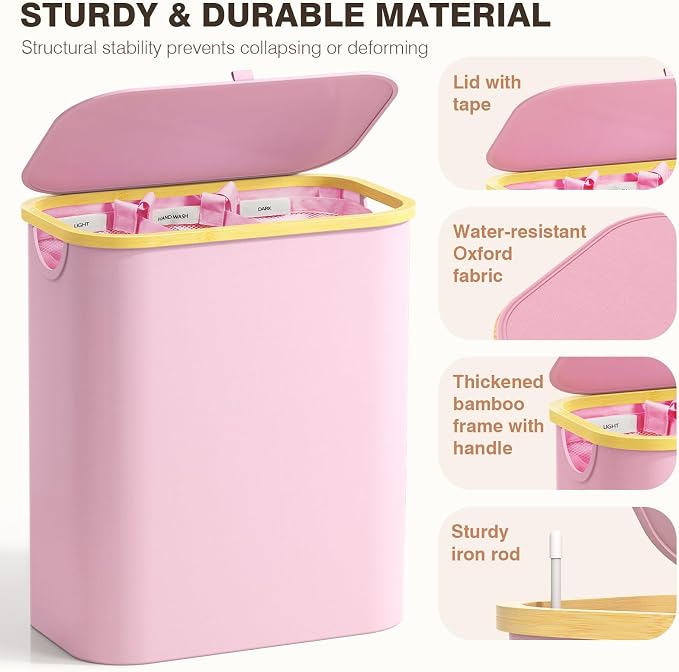 Hampers for Laundry Basket with Lid, 160L Large Laundry Hamper 3 Section | Dirty Clothes Hamper Separator with 3 Removable Bags & 5 Labels, Divided Laundry Organizer for Bedroom, Laundry Room, Pink - Image 4