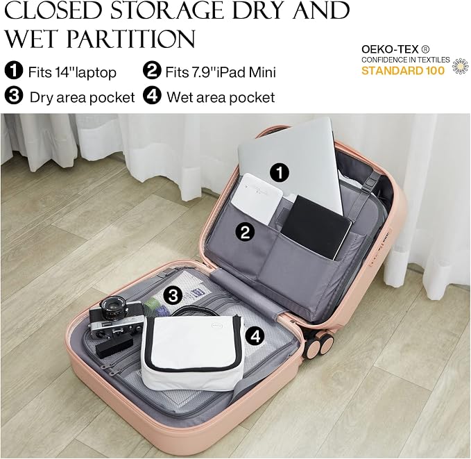 mixi Carry on Luggage, Suitcase with Spinner Wheels 16in Luggage Hardshell Lightweight Rolling Suitcases PC with Cover & TSA Lock, Pink - Image 5