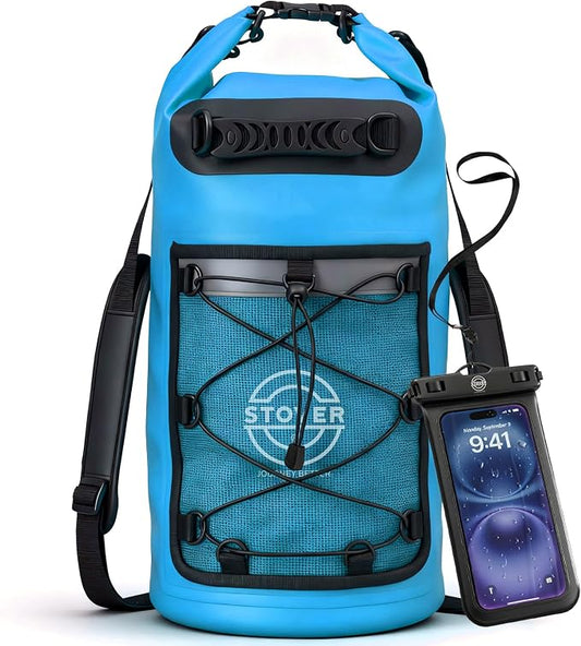 STOVER 5/10/25/30/40L Waterproof Dry Backpack & Phone Case- Large Floating Dry Bag for Kayaking, Travel, Hiking, Fishing, Camping, Motorcycles & Beach, Heavy-Duty Roll Top Men/Women (Blue) by STOVER