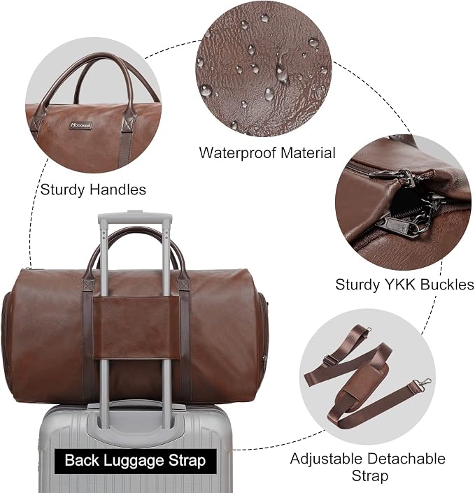Modoker Convertible Leather Garment Bag, Carry on Garment Bags for Travel, Garment Duffel Bag, Gifts for Men Women Business Waterproof Suitcase Suit Travel Bags, Brown - Image 4