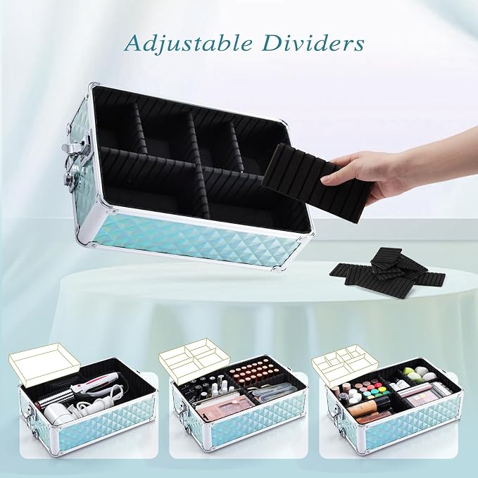 Faquenc 3 in 1 Rolling makeup case Cosmetology Case on Wheels Train Case Makeup Organizers Storage Cart Cosmetic Trolley Travel Barber Suitcase for Make up Artist Nail Tech Hair Lockable, Shiny Mint - Image 4