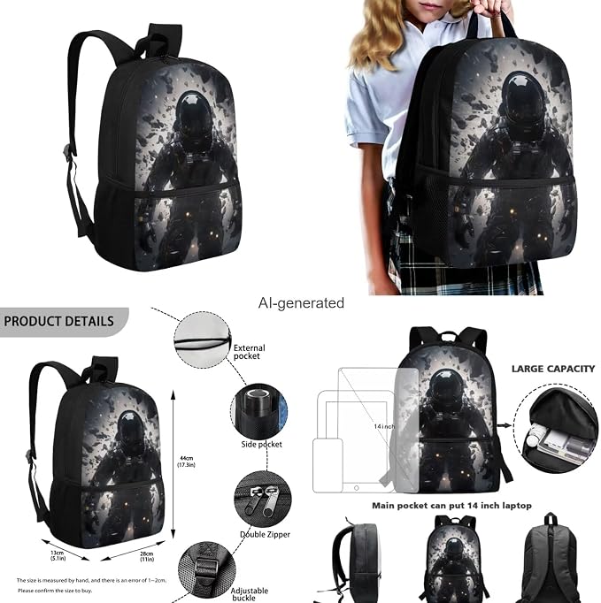Astronaut Backpack for Kids Boys Backpack with Lunch Box Water Bottle Carrier with Strap and Pencil Case Pouch 4PCS Set Sturdy Bookbag with Front Pocket for School 17" Lightweight School Bag - Image 3
