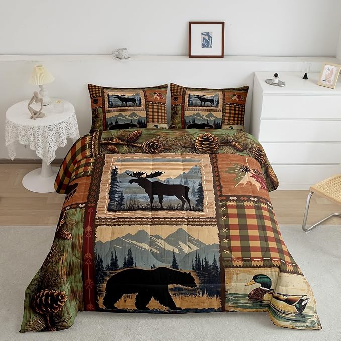 Erosebridal Happy Camping Comforter Set for Cabin Lodge Southwest Hunting Animal Bedding Set Tribal Camper Themed Comforter Sets Farmhouse Hunting Bear Moose Duvet Insert with 2 Pillow Shams,King - Image 2
