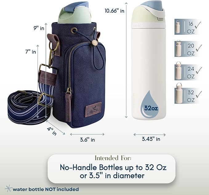 Water Bottle Holder with Strap & Pocket Fits 16 to 32 oz Bottles Crossbody Water Bottle Carrier for Women Canvas and Leather - Image 5