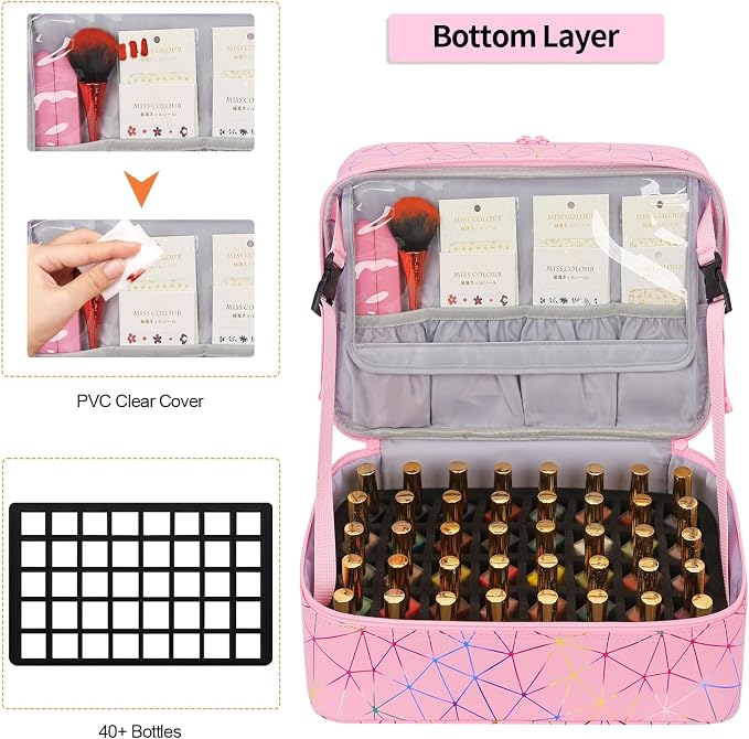 Ethereal Nail Polish Organizer Case Holds 50+ Bottles (5ml/0.5fl.oz) and Nail Lamp, Leather Nails Storage Organizer with Compartment, Diamond Pink - Image 4