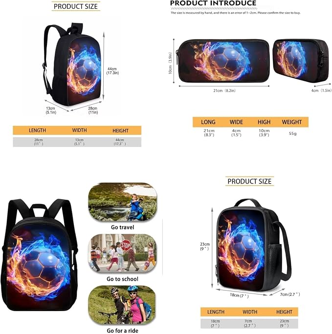 Mumeson 3 Piece Kids Backpack Elementary Preschool School Bag with Lunch Box Pencil Case Set for Boys Girls,Football Bookbag Large Capacity Travel Daypack Rucksack - Image 5
