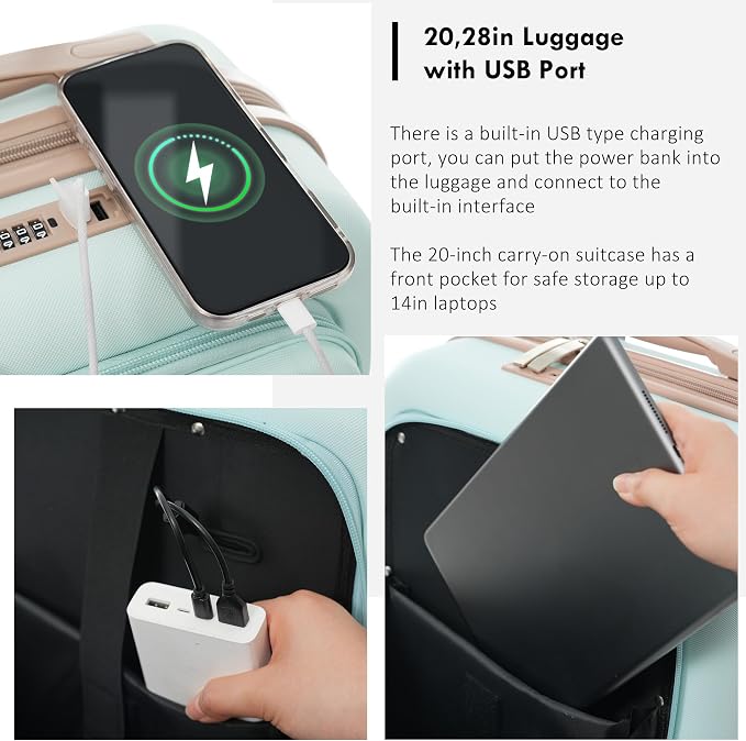 4-Piece Luggage Set, Suitcase with TSA Lock Travel Duffel Bag Wet-Dry Toiletry Bag, Green Front-Opening - Image 3