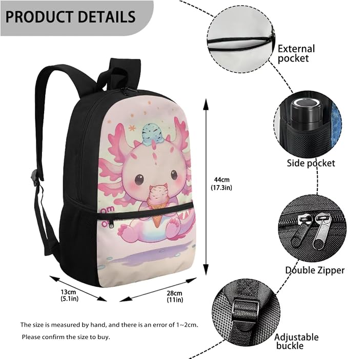 Axolotl Backpack for Girls 8-10 with Lunch Box Ice Cream Backpacks and Lunchboxes + Insulated Water Bottle Pouch Holder + Pencil Case Kawaii Bookbag Lunch Bag - Image 3