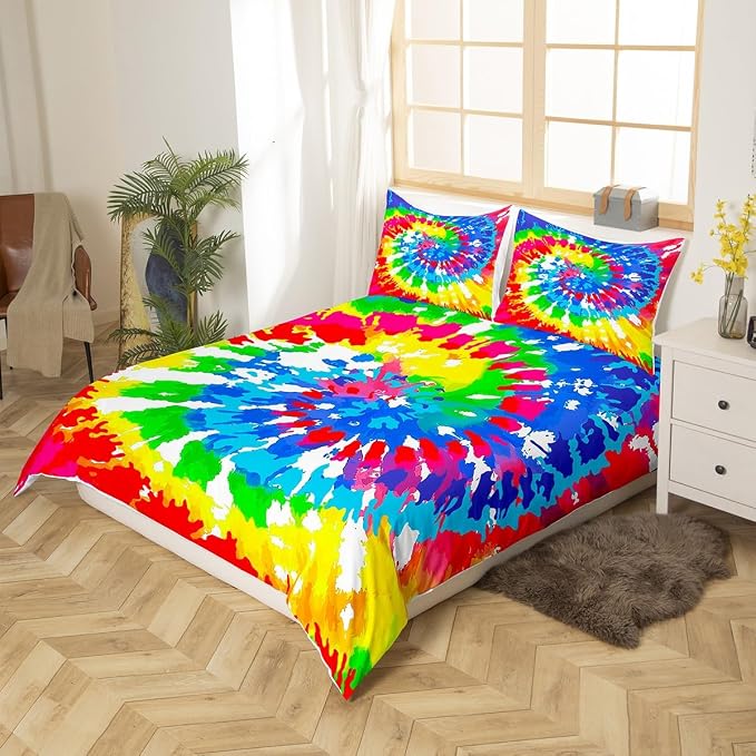 Erosebridal Tie Dye Bedding Queen Size Colorful Rainbow Bedding Set with Zipper Ties Chic Hippie Style Girls Boys Duvet Cover for Adult Women Teen Tie Dye Decor Soft Microfiber Comforter Cover Set - Image 2