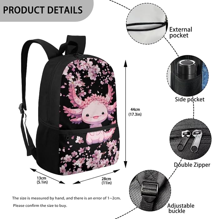Axolotl Bakpack for Girls Elementary Backpacks with Lunchox Pencil Case 5 Pcs Bookbag Sets for Kids Back to School Supplies for Hiking - Image 3