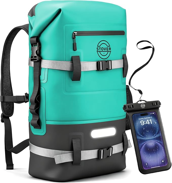 STOVER 30/40/55L Waterproof Dry Backpack & Phone Case - Large Floating Dry Bag for Kayaking, Travel, Hiking, Fishing, Camping, Motorcycles & Beach, Heavy-Duty Roll Top Men/Women (Teal) by STOVER