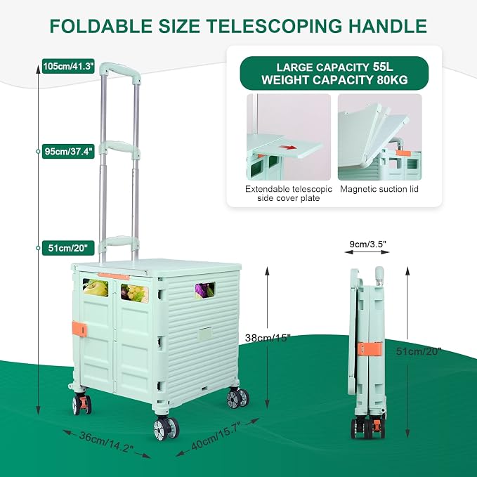 FELICON SELORSS Folding Utility Cart Portable Rolling Crate Handcart-Green | Magnetic Sliding Lid,Telescoping Handle,Plastic Box Dolly,360°Swivel Wheels for Travel Shop Move Laundry Office Teacher Use - Image 4