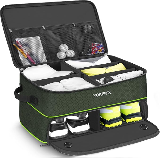 YOREPEK 2 Layer Golf Trunk Organizer, Golf Gifts for Men with Separate Ventilated Compartment for 2 Pair Shoes, Waterproof Car Trunk Locker for Balls, Tees, Clothes, Gloves, Gifts for Golfers by YOREPEK