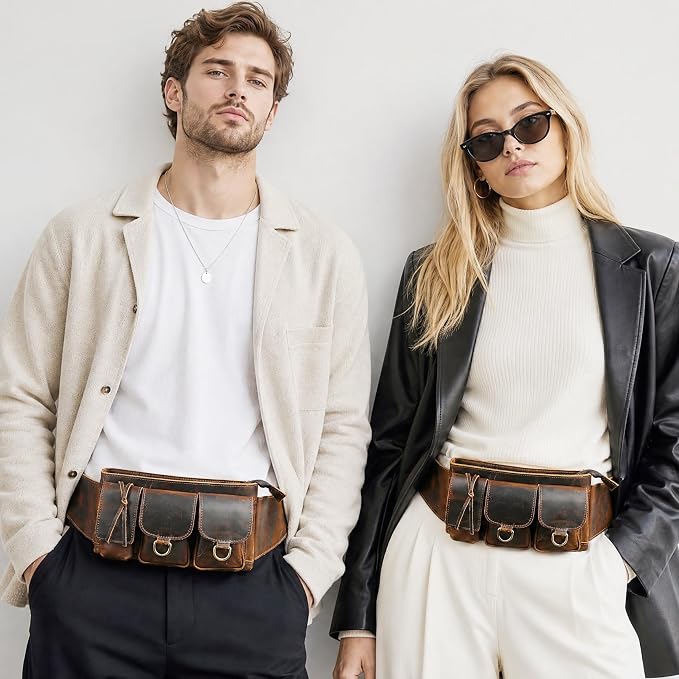 Water Resistant Canvas + Leather Hiking Riding Travel Fanny Waist Pack Small Phone Pouch For Men Women FB811-29 (100% Leather-The 341 Coffee) - Image 2