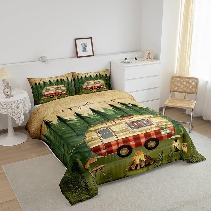 Erosebridal RV Camper Comforter Set for Kids Boys Girls,Camper Themed Bedding Set Full,Mountain Woodland Jungle Bedding Comforter Sets,Farm Wood Barn Camping Duvet Insert with 2 Pillowcases - Image 3