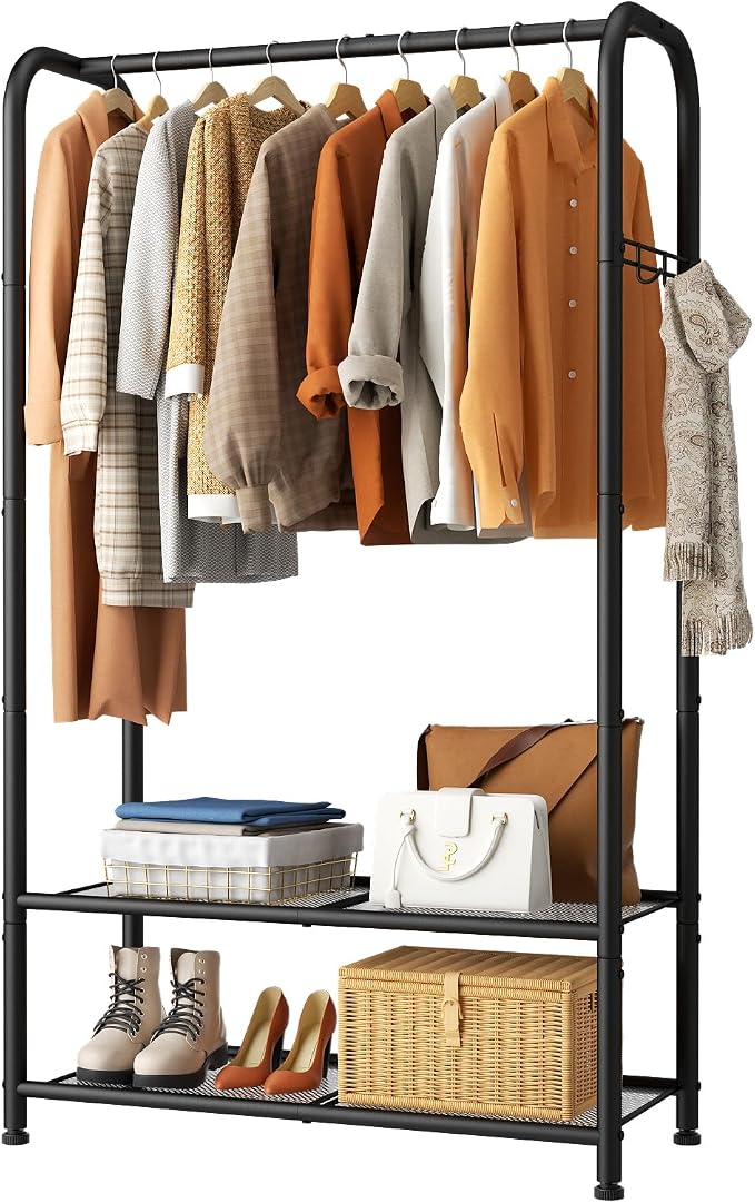 SINGAYE Wardrobe Standing Closet Clothing Rack With Shelf Hanging Clothes | Wardrobe Open Compact Small Metal Garment Hanger Stand Alone Free Standing Black Closet Rack Storage Organizer Heavy Duty by SINGAYE