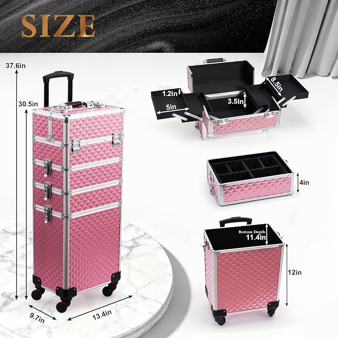 Stagiant Rolling Makeup Train Case Cosmetology Case on Wheels 4 in 1 Large Cosmetic Organizer Box Makeup Travel Case with Key Swivel Wheels Nail Artist Salon Storage Traveling Cart Big Trunk Pink - Image 5