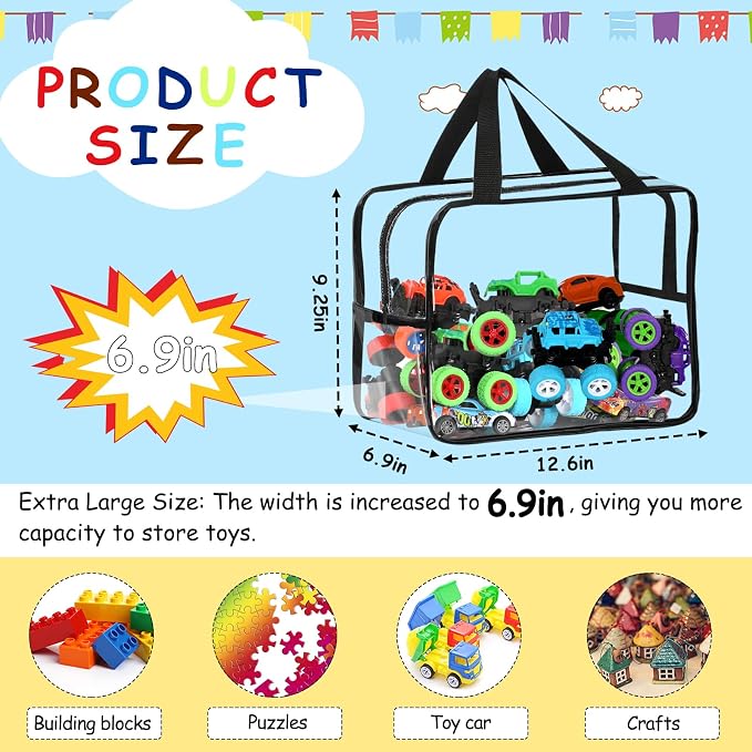 6 Packs Widen X-Large Toy Storage Bags 12.6×9.25×6.9In with Labels, Reusable Clear PVC Board Game Storage, Travel Waterproof Organizer Bags with Zipper for Building Blocks, Puzzle, Stuffed Animals - Image 2