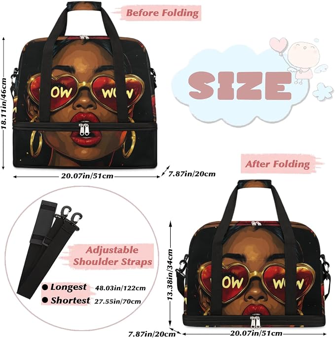 African Women Wow Foldable Travel Duffel Bag, Expandable Weekender Overnight Carry on Bags with Shoe Compartment Sport Tote Gym Luggage for Women Men - Image 2