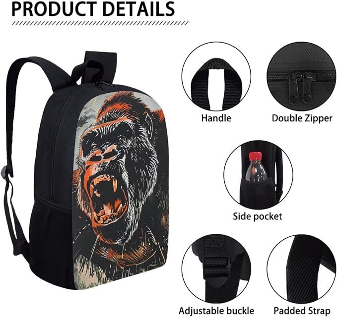 17 Inch Animal Print School Backpack And Lunch Box Set for Kids Lightweight Roaring Gorilla Backpack for Boys Girls Sturdy School Bag with Insulated Lunchbox Pencil Case Student Bookbag - Image 4