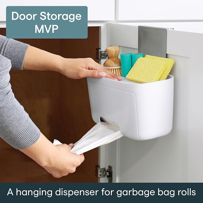 YouCopia DoorStash Garbage Bag Dispenser, Hanging Kitchen Cabinet Door Trash Bag Organizer with Removable Lid for Storage, Speckled White - Image 2