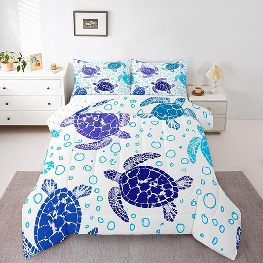 Erosebridal Sea Turtle Down Comforter Full Size, Kids Bohemian Tortoise Comforter Set, Ocean Life Blue Sea Duvet Insert Underwater Word Bedding Comforters for Children Boys Girls Teens Bedroom by Erosebridal
