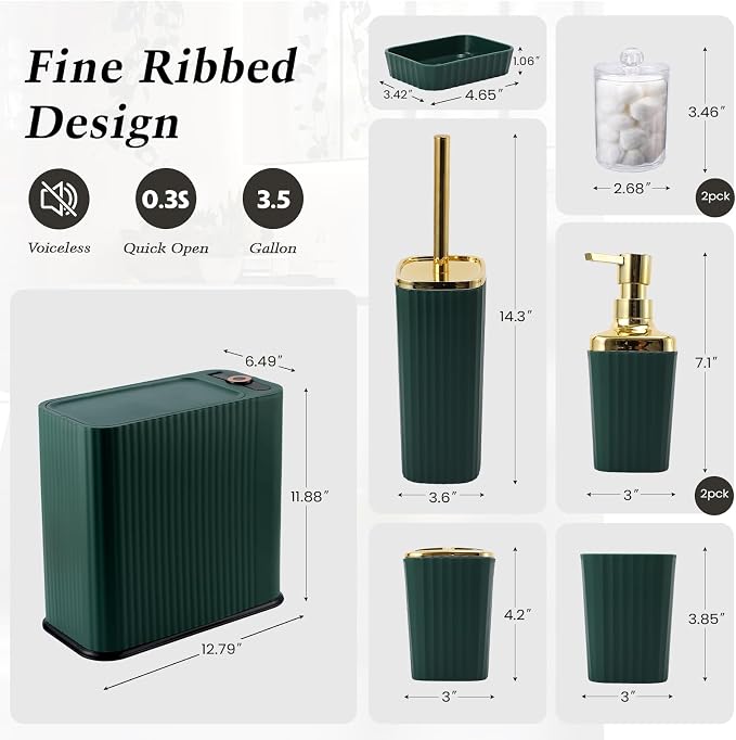 XLHOMO 9-Piece Dark Green Bathroom Accessories Set - Slim Pop-up Trash Can with Lid, Toilet Brush, Soap Dispenser & Apothecary Jars - Luxury Emerald Decor for Small Spaces - Image 2