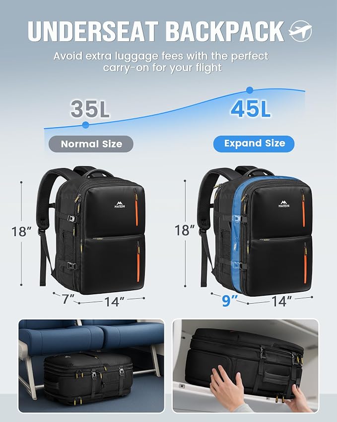 MATEIN Personal Item Travel Backpack 18x14x8 for Spirit Airlines, Black | Shoe Compartment Detachable, Expandable, Underseat Backpack, Fit 17" Laptop, Airplane Approved, Carry on Bag Luggage, Mochila - Image 5