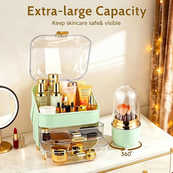 Makeup Organizer with Drawers-Cosmetic Display Case for Vanity|Skincare Organizer with 360 Rotating Brush Holder,Large Storage Box Dresser,Women Gifts Display Cases for Bathroom Countertop,Green - Image 4