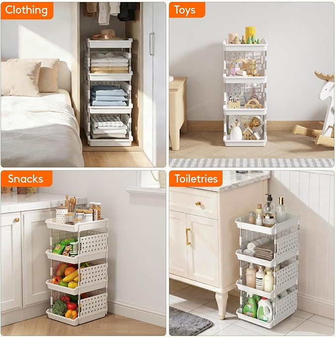 Lifewit Plastic Stackable Storage Baskets, 4 Tier Stacking Bins for Food and Clothes, Multifunctional Organizer for RV, Kitchen, Playroom, Pantry, White, 35 x 30 x 72 cm/14 x 12 x 28 inch, 2 Pack - Image 4