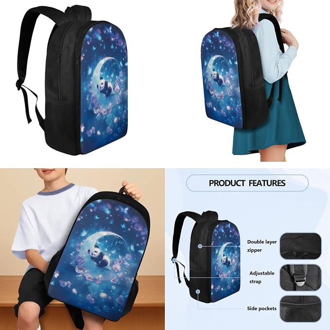 Girls Panda Moon Backpack Set of Thermal Lunch Box Pencil Box Water Bottle Holder, Lightweight 4 in 1 School Book Bag, Kids Daypack Everyday Pack for School - Image 3