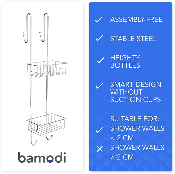 Bamodi Shower Caddy Hanging - 2 Tier Over Door Chrome Plated - No Drilling Required - Fits Shower Screens up to 0.78 inches - Hangable Shower Rack with 2 Towel Hooks (27.5 x 7.5 x 7.3 INCHES) - Image 2