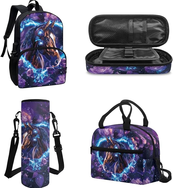 POLERO Floral Horse Backpacks for Girls Aesthetic Bookbags for Elementary Middle Schools 4Pcs Kids School Bag with Lunch Box - Image 2
