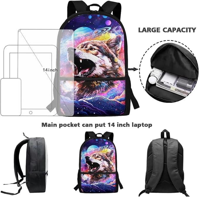 Galaxy Wolf Print Backpack Set for Student Schoolbag Large Capacity Bookbag Lunch Box Pencil Case 17 Inch Travel Laptop Backpacks Rucksack Daypack with Zippered Pockets - Image 3