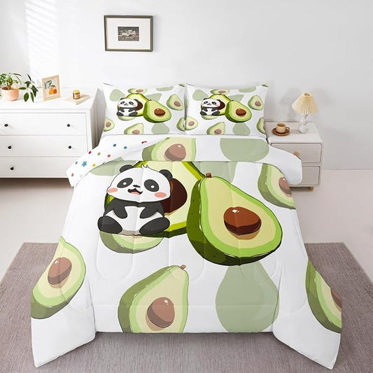 Erosebridal Panda Comforter Set Full,Avocado Bedding Set Cute Black White Panda Bedding Bear Cat Bedding Comforter for Kids Boys Girls Green Tropical Fruit Quilt Duvet Set Room Decor 2 Pillow Cases by Erosebridal