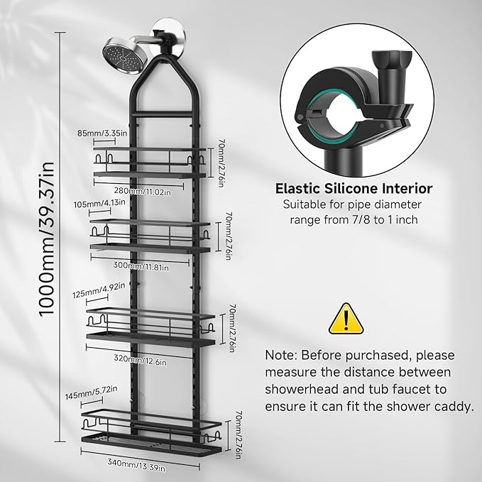4 Tier Shower Caddy Hanging, Adjustable Shower Overhead Caddy Rustproof, No Drilling Standing Shower Caddy Handing Shower Racks for Bathroom Shampoo Soap Storage - Image 3