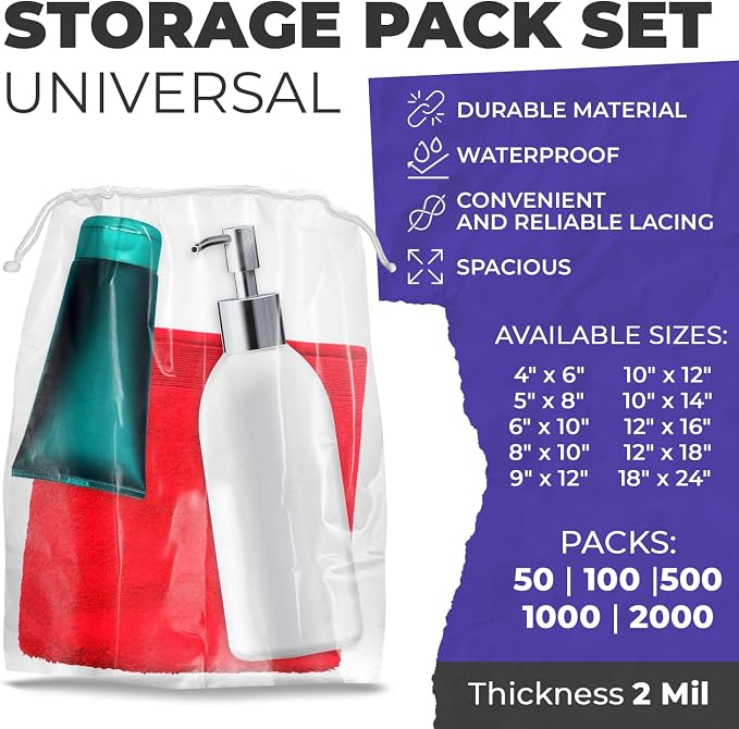 APQ Supply Drawstring Bags, Clear LDPE 2 Mil, Nylon Drawstring, Waterproof Storage & Travel Bags - Image 2