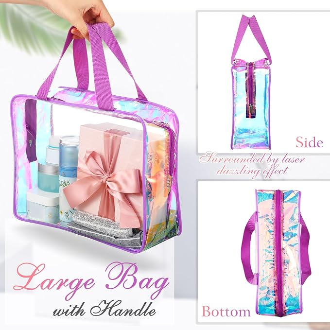 Sweetude 10 Pcs Large Clear Toiletry Bag with Handle Large Capacity Travel Iridescent Beach Makeup Bag PVC Clear Plastic Tote Punch Cosmetic Clothes Storage Organizer for Women Men (Purple) - Image 4