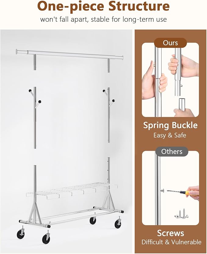 Hoctieon 1-Minute Assembly Clothes Rack, 480 lbs Heavy Duty Rolling Clothing Racks with Wheels, Foldable Garment Rack, Extendable Hanging Bar, Adjustable Metal Pole with Hooks, Chrome - Image 3