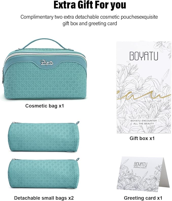 BOYATU Travel Makeup Bag Cosmetic Bags for Women: Large Capacity 3 Pcs Set Make up Bag with Compartments - Waterproof Vegan Leather Toiletry Organizer Bags with Handle (M-75Blue) - Image 5