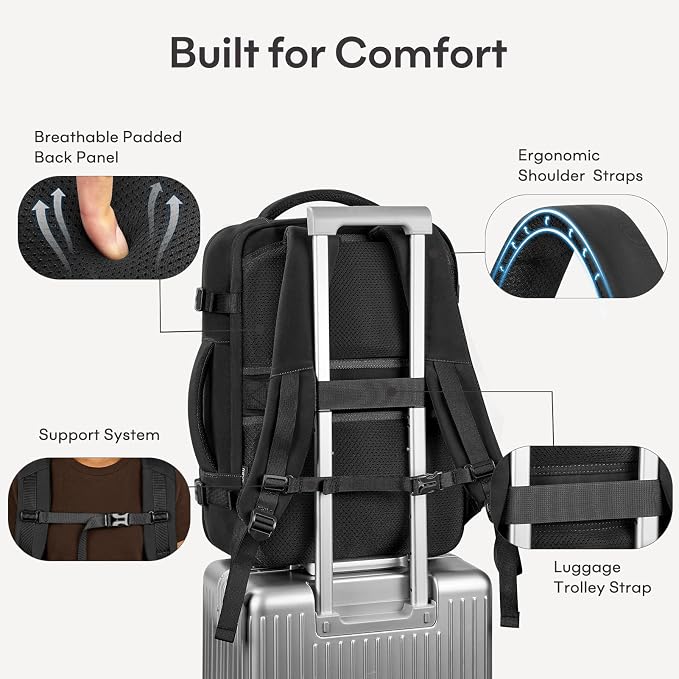 mibasies 40L Travel Backpack for Women & Men: Carry On Luggage Flight Approved, TSA Laptop Backpack with Water Bottle Pocket, Personal Item Bag Fits 17" Laptop for Weekender Business - Black - Image 8